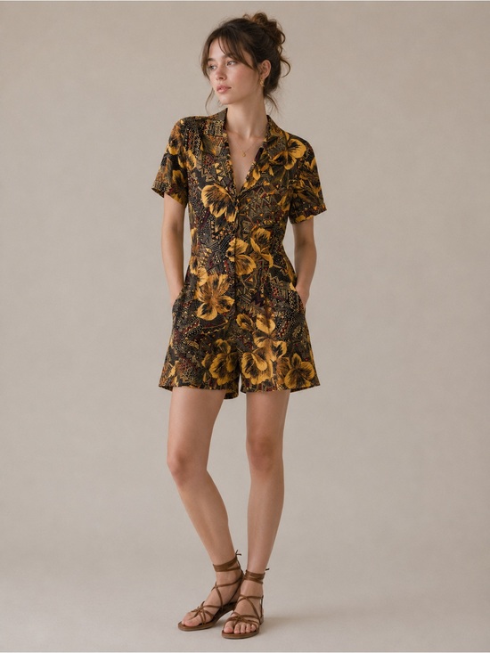 Vintage Dresses & Skirts - Vintage 90s dark Tropical Print Romper Boho Button Front Playsuit vacation
